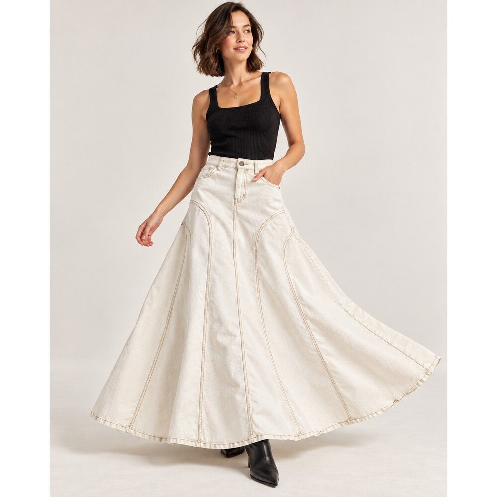 Style J Denim Maxi Skirt Women 30 US 10 Ivory Cream Y2K Flared Panel Long